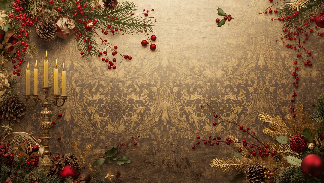 Glowing gold candelabrum with seven lit tapers on ornate damask with festive pine border