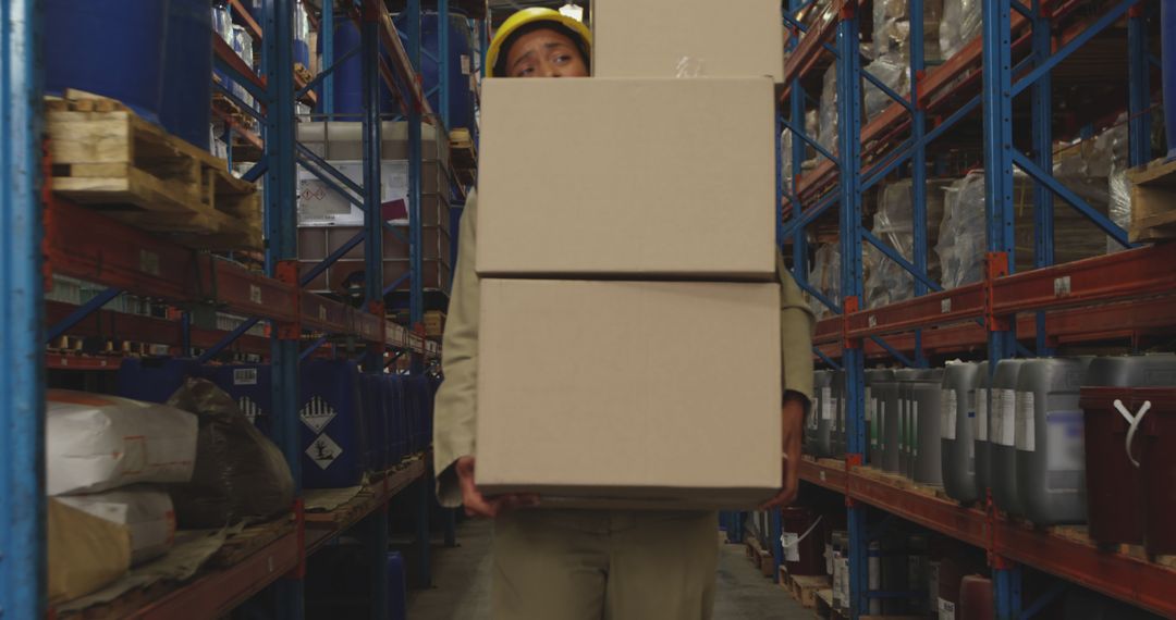 Warehouse Worker Carrying Heavy Boxes while Wearing Safety Gear - Free Images, Stock Photos and Pictures on Pikwizard.com