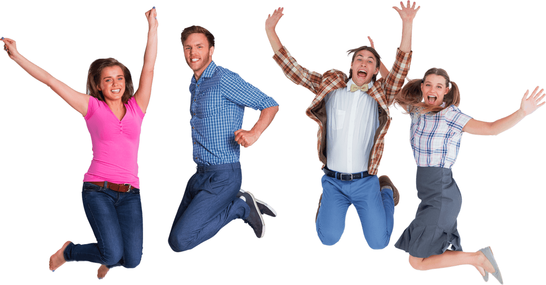 Energetic Friends Jumping with Joy on Transparent Background