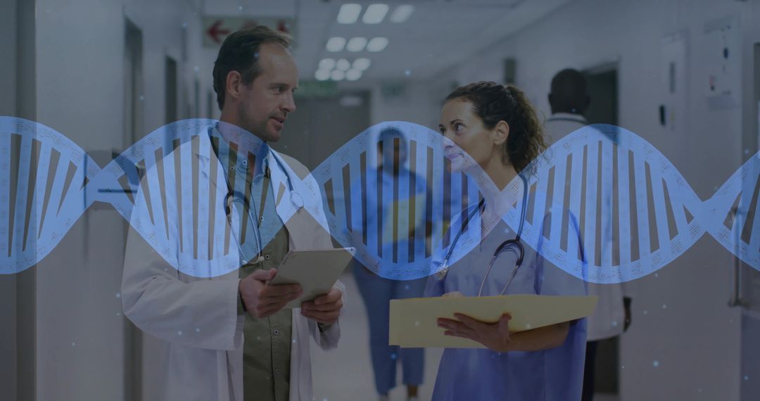Doctors Discussing Research Study in Hospital with DNA Overlay