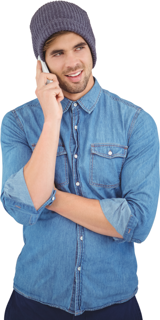 Hipster Man in Denim Shirt Conversing on Phone - Transparent Background - Download Free Stock Images Pikwizard.com