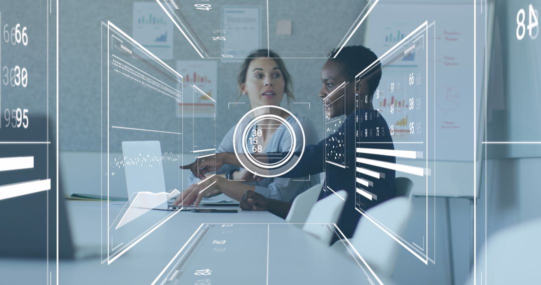 Diverse Business Team Analyzing Data with Digital Interface Hologram