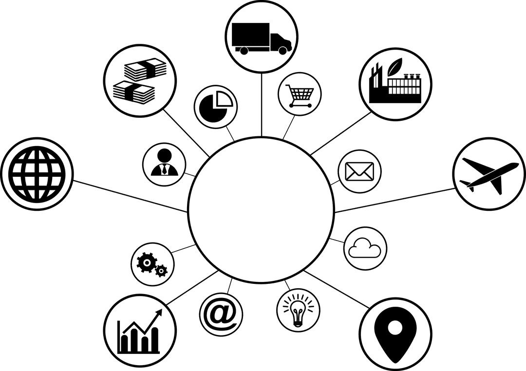 Transparent Hub Network with Business Icons on White Shadow Outline