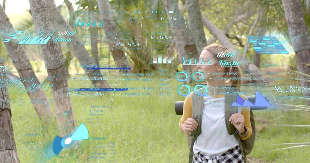 Hiker standing in sunlit forest with augmented reality data overlays and backpack