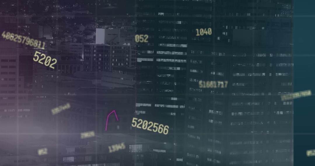 Futuristic Data Flow with Digital Numbers Over Cityscape
