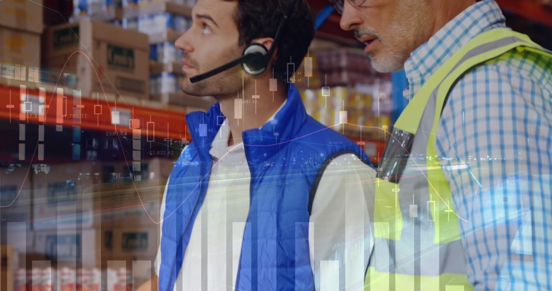 Warehouse Workers Analyzing Inventory with Digital Statistics Overlay