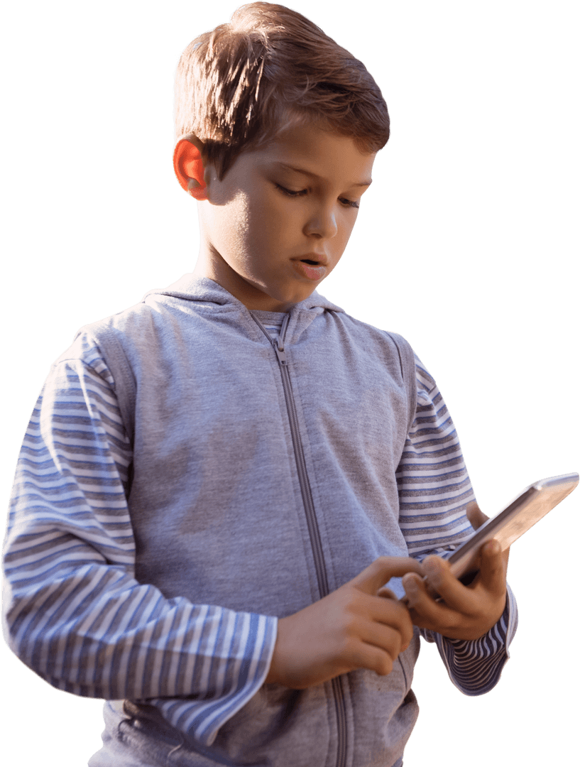 Young Boy Interacting with Digital Tablet in Transparent Setting