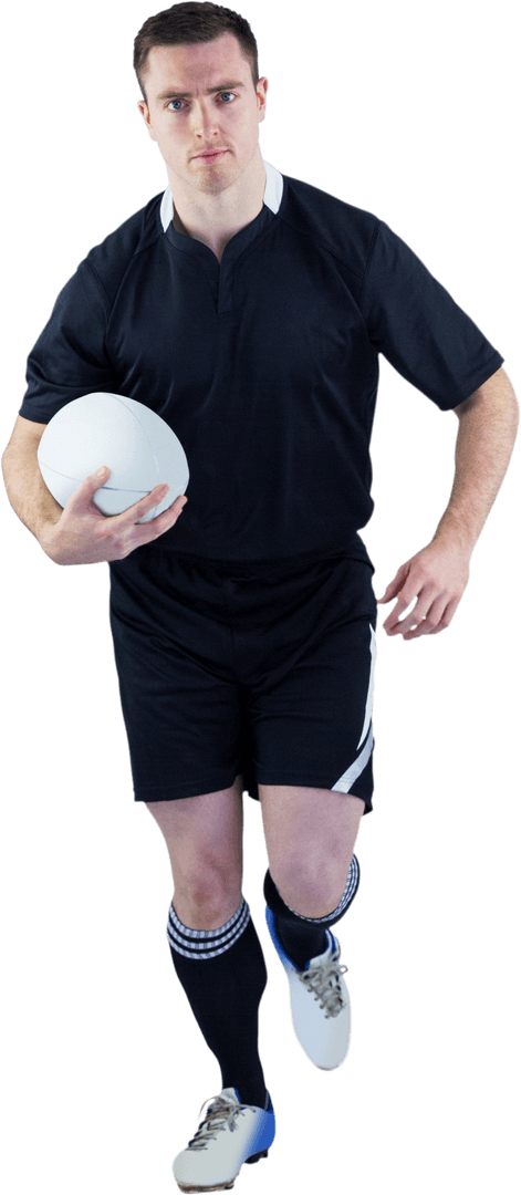 Transparent Rugby Athlete Running with Determination and Ball