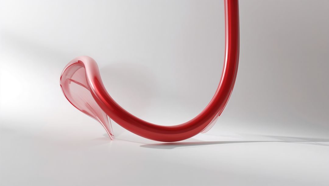 Glossy Red Curved Tube with Glass Droplet Tip, Minimal Abstract Sculpture