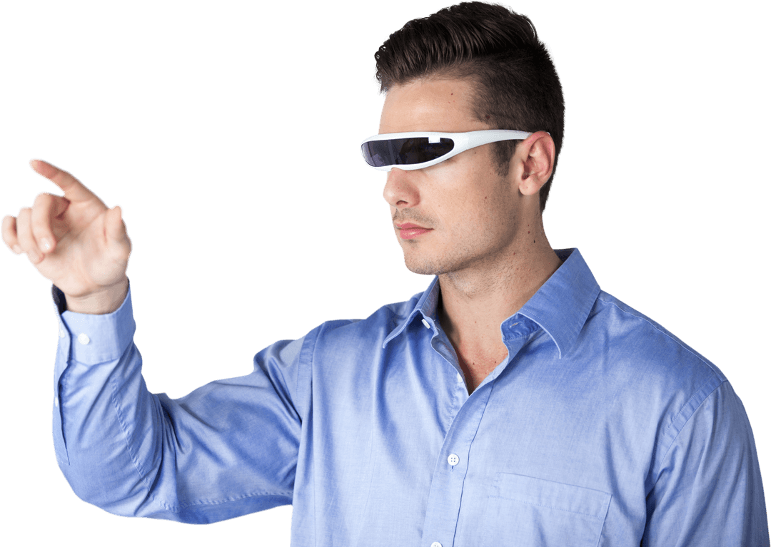 Young Man Using Transparent Virtual Reality Glasses