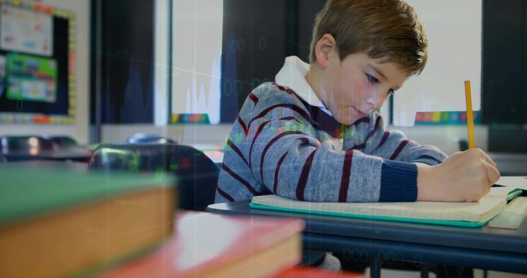 Young Student Writing in Classroom Focused on Task