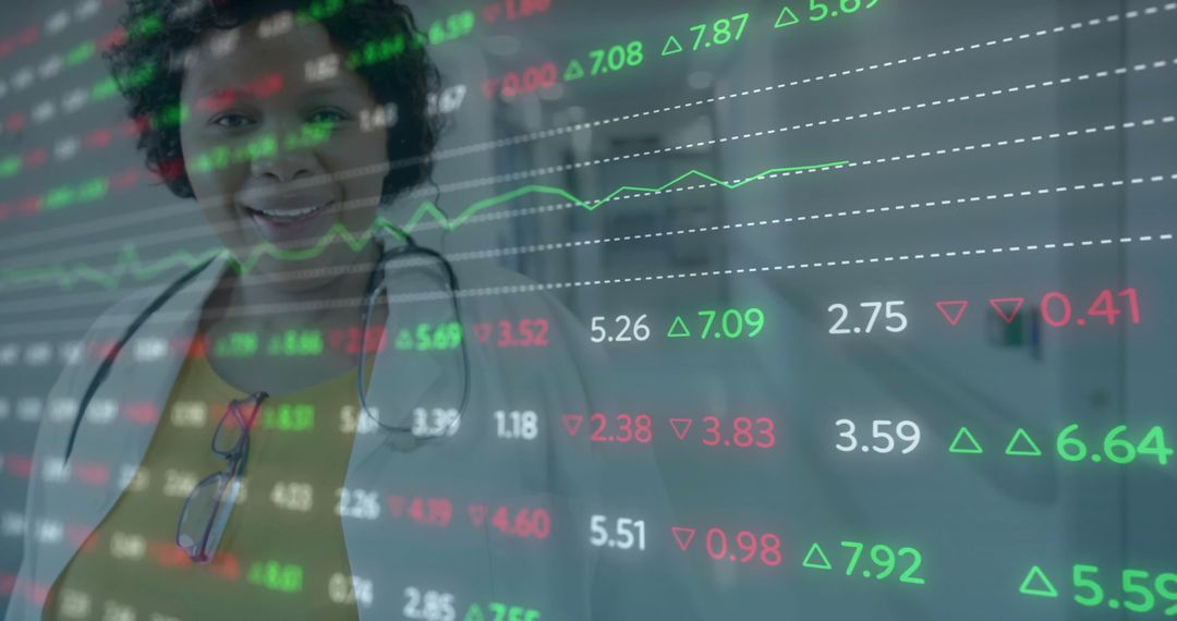 Healthcare Professional Interacting with Stock Market Data Overlay