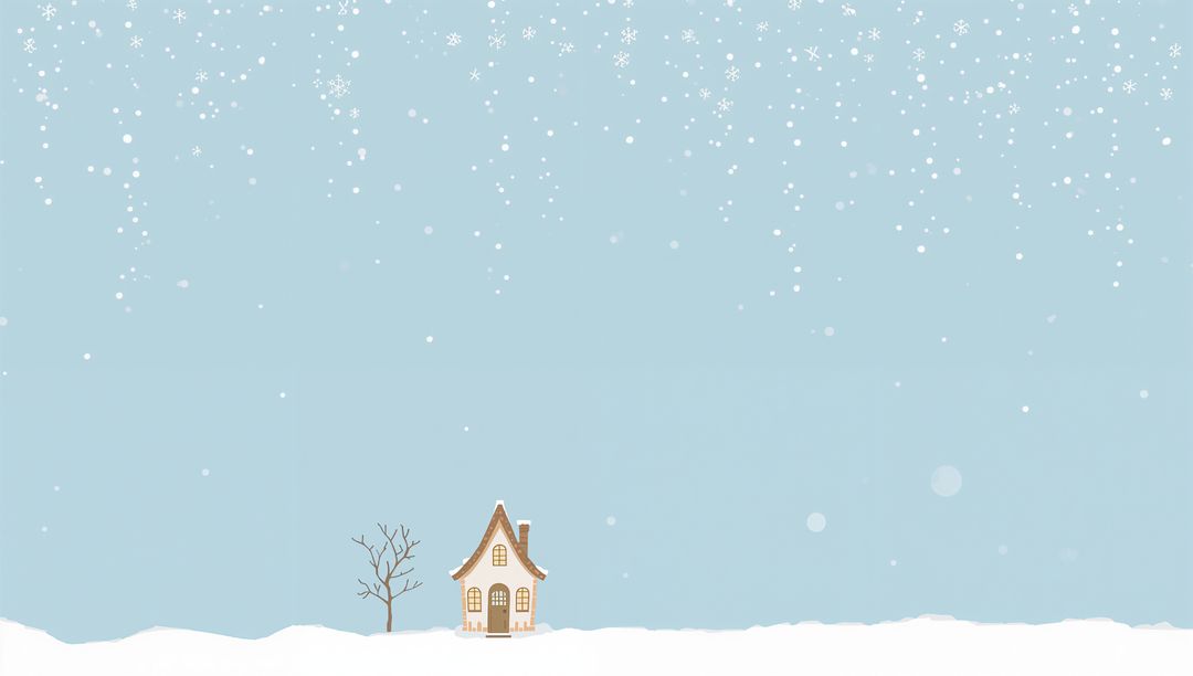 Cozy cottage glowing through falling snow on winter field with bare tree and wide sky