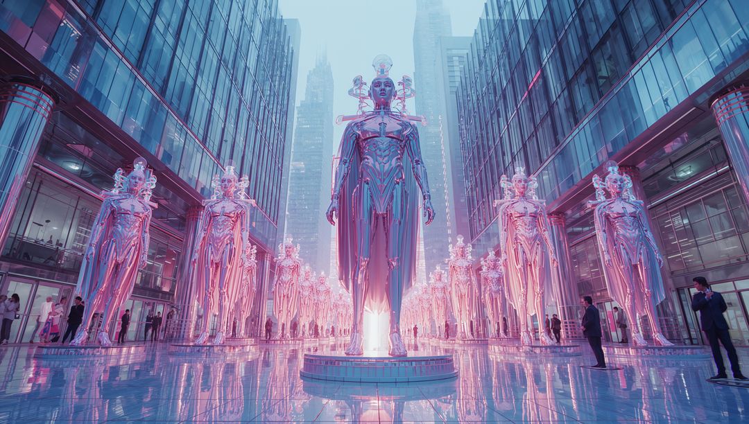 Futuristic Metallic Sculpture Surrounded by Urban Professionals