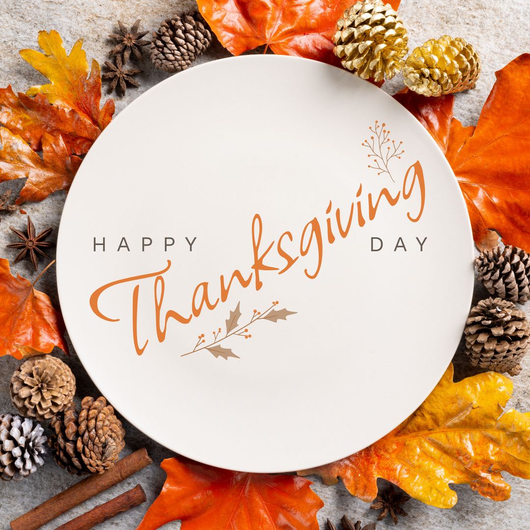 Thanksgiving Greeting with Autumn Leaves and Pine Cones