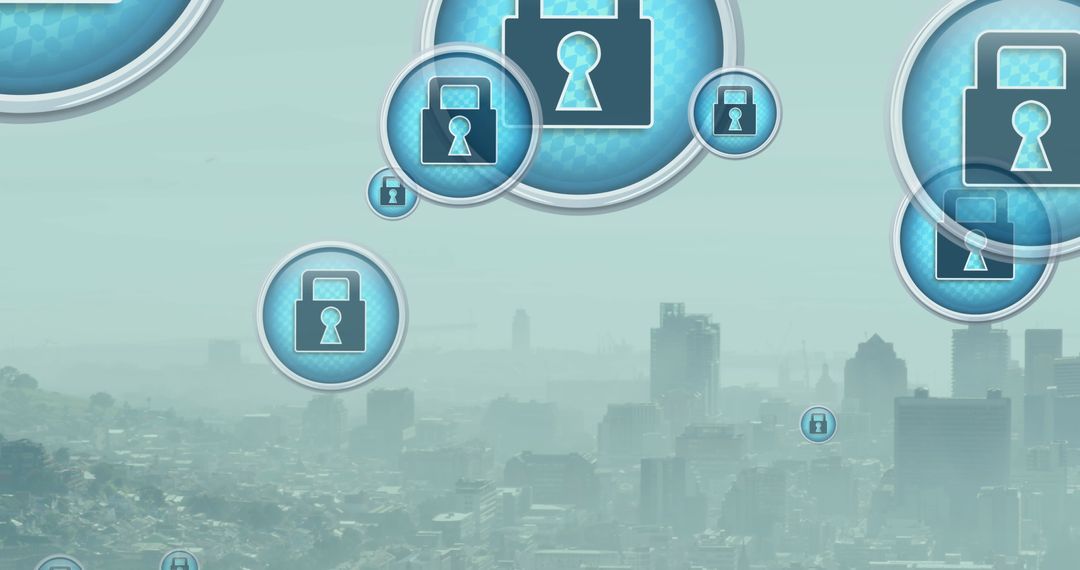 Digital Security Locks Over Urban Skyline