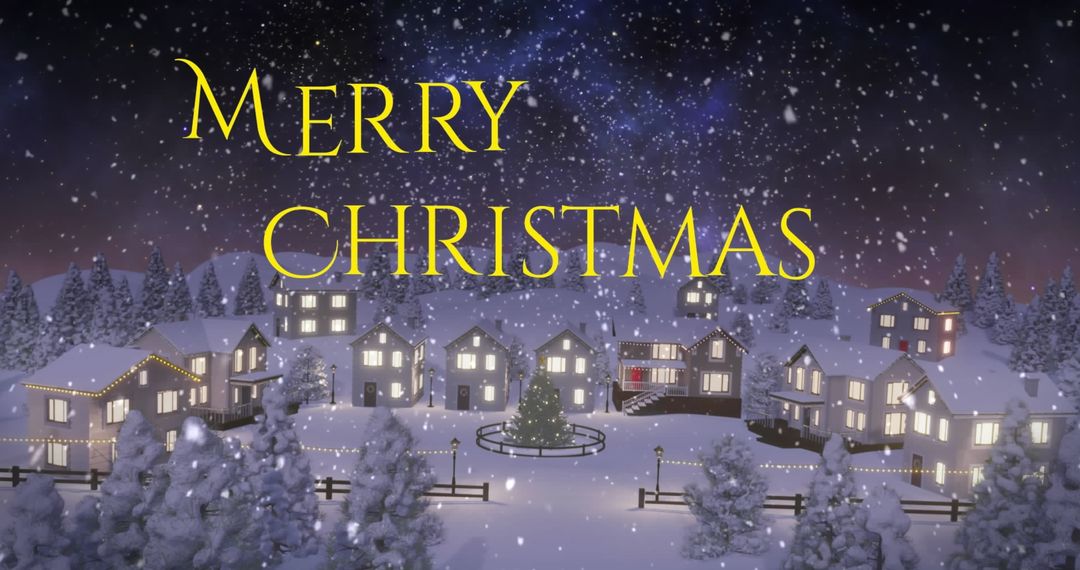 Merry Christmas Text over Snowy Winter Village Landscape
