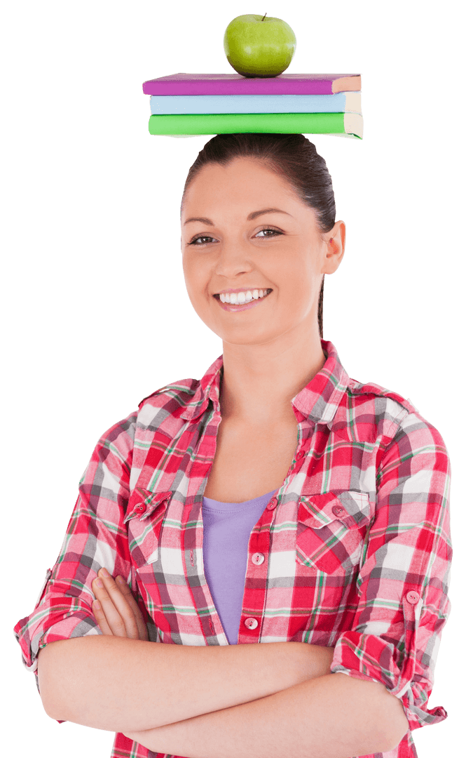 Smiling Woman Balancing Books and Apple on Transparent Background