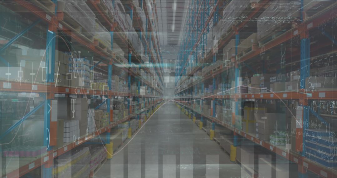 Futuristic Warehouse: Digital Analytics Overlay on Storage Aisles