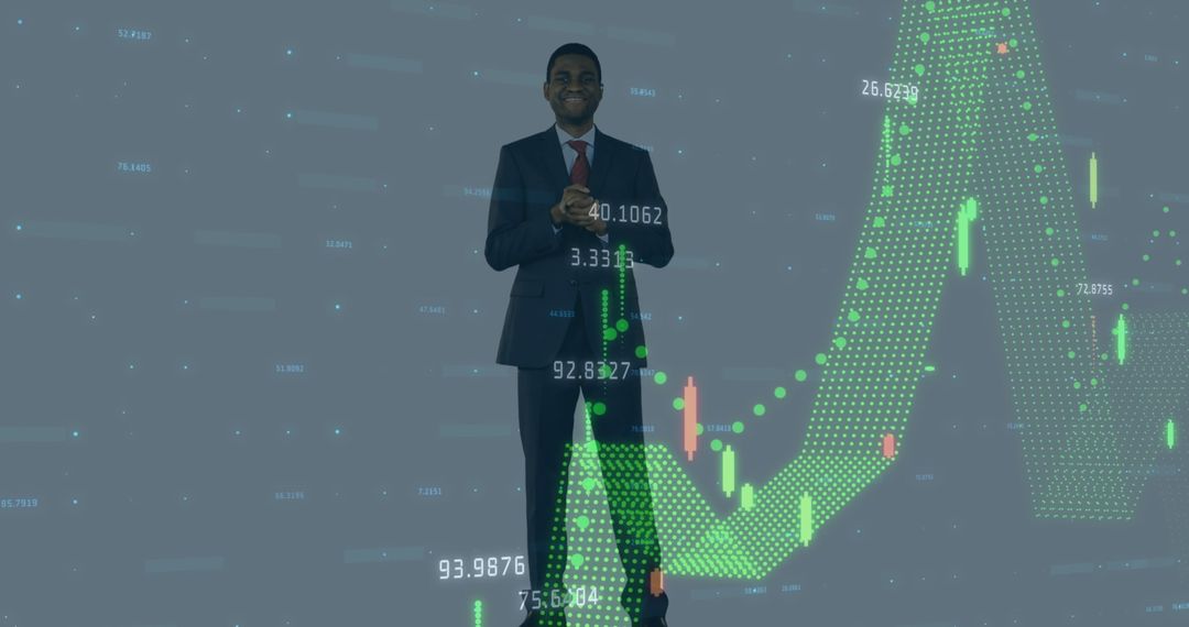 Businessman Overlaid with Stock Market Data Visualization