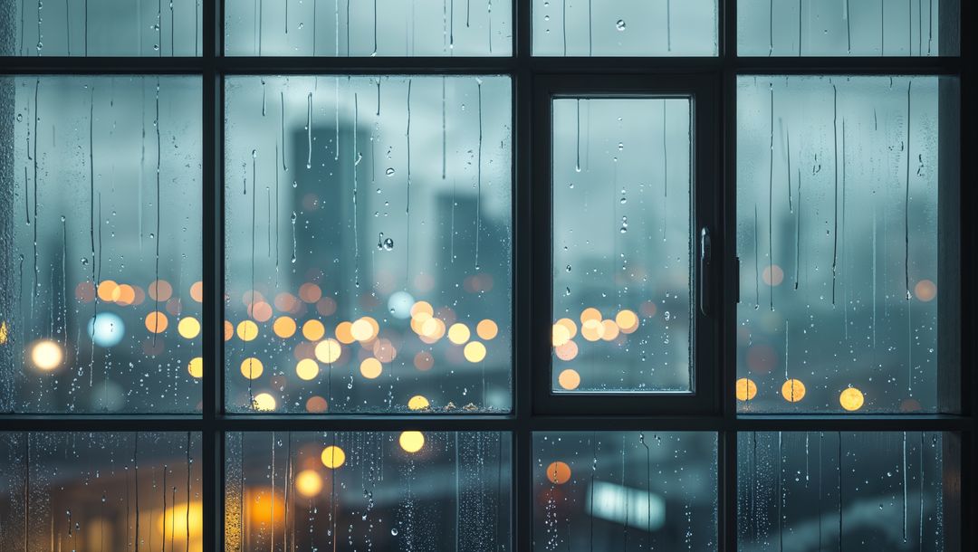 Raindrops on Window Pane Overlooking Cityscape at Dusk