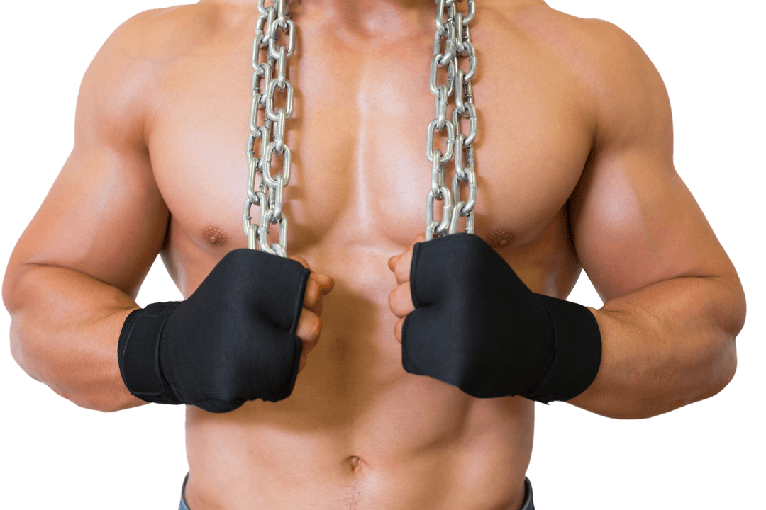 Transparent Muscular Man Holding Chain with Gloved Hands