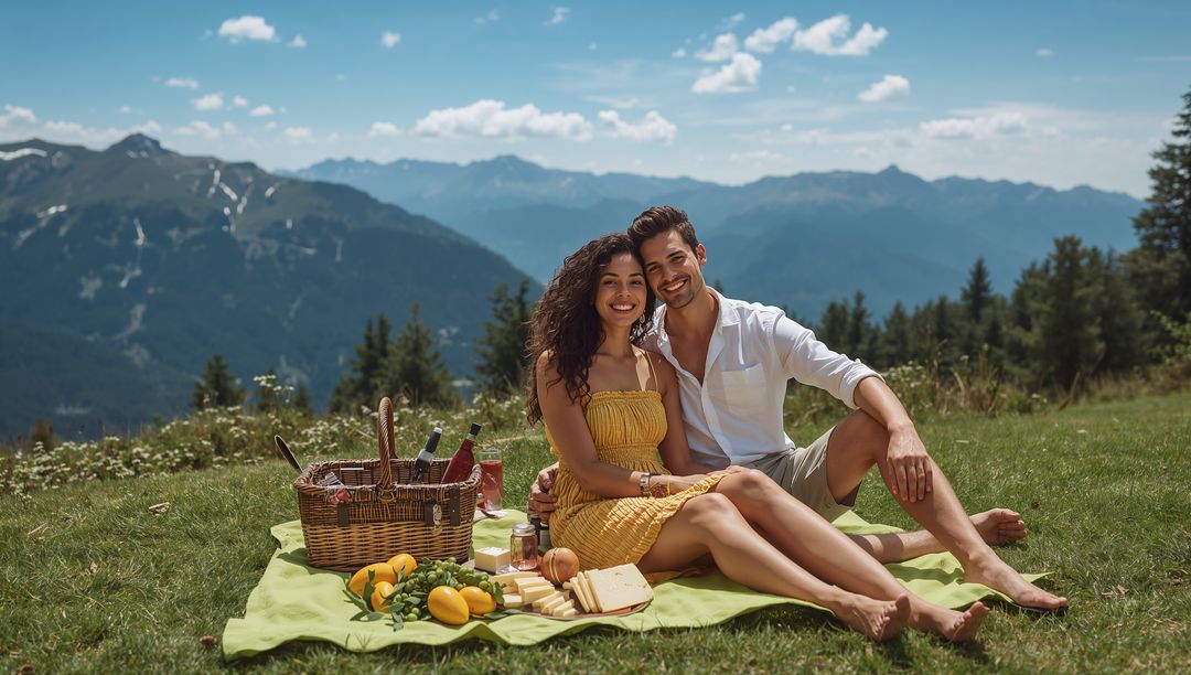 Couple Enjoying Romantic Picnic on Mountain Meadow with Panoramic Alpine Views, Summer Day