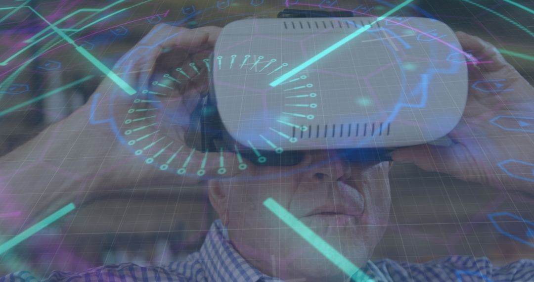 Senior Man Immersed in Virtual Reality Amidst Digital Data Visualization