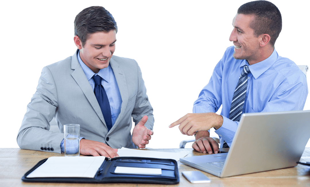 Transparent Businessmen Collaborating at Office Wooden Desk