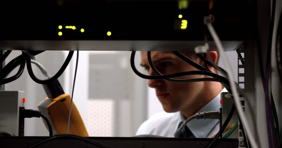 Technician Working on Server Cables in Data Center - Free Images, Stock Photos and Pictures on Pikwizard.com