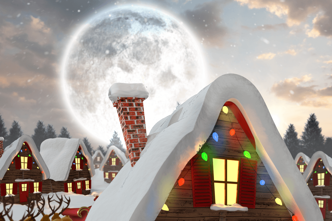 Transparent Winter Cottages with Christmas Lights in Full Moon