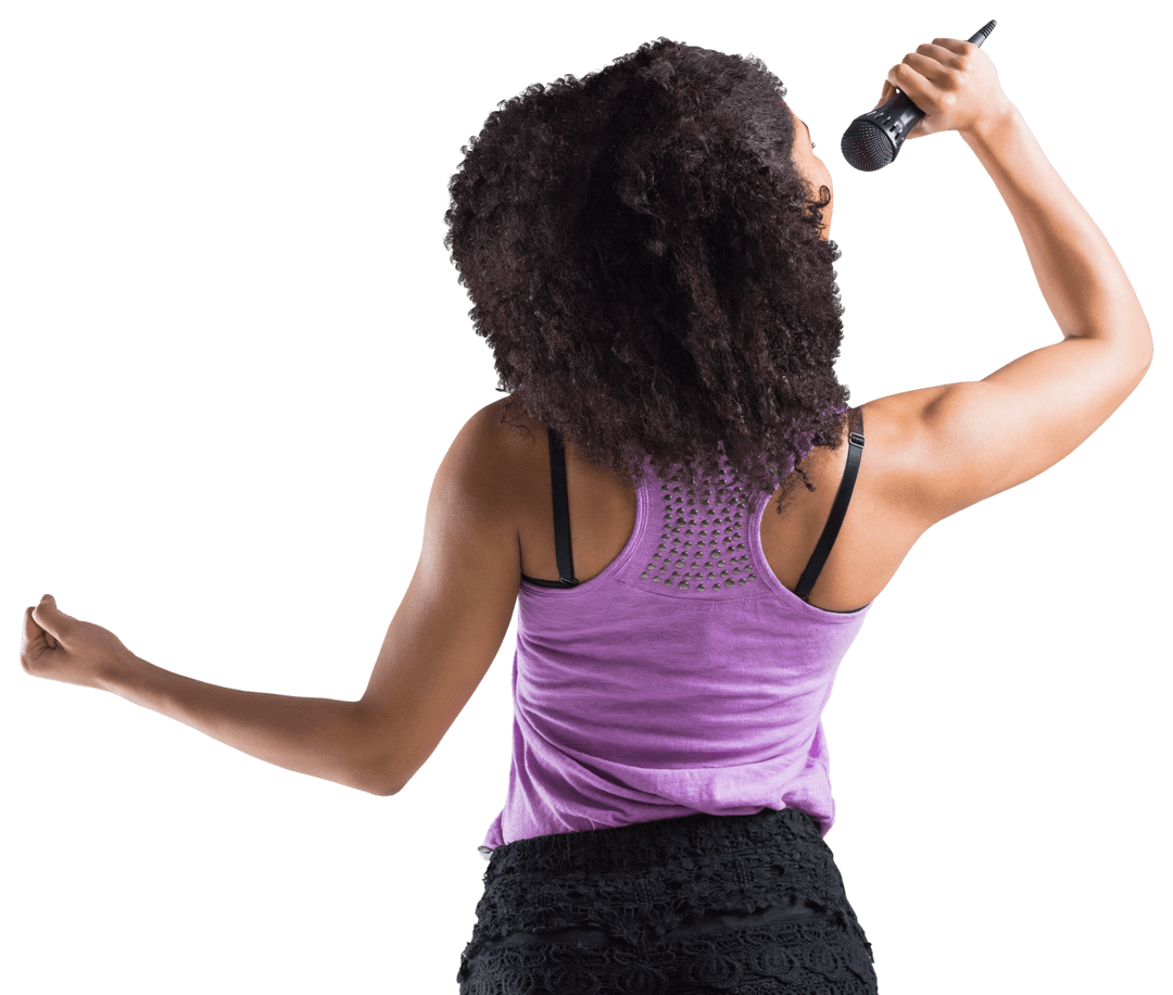 Biracial Female Singer with Microphone on Transparent Background