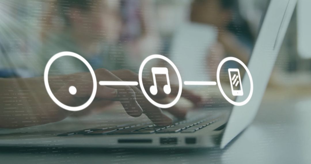 Using Laptop with Digital Network and Music Icons Overlay