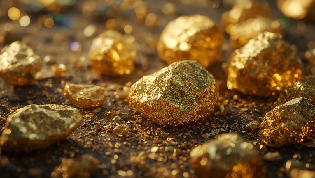 Golden Nuggets Gleaming on Granular Surface in Luxurious Close-Up