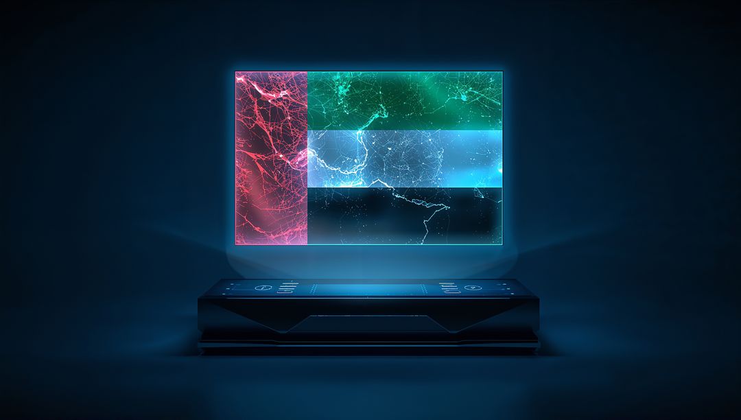 Holographic Tricolor Panel Hovering Above Futuristic Console Displaying Neon Veined Network