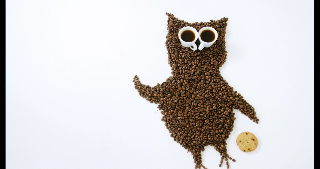 Creative Coffee Bean Owl with Cups and Cookie on White Background - Free Images, Stock Photos and Pictures on Pikwizard.com