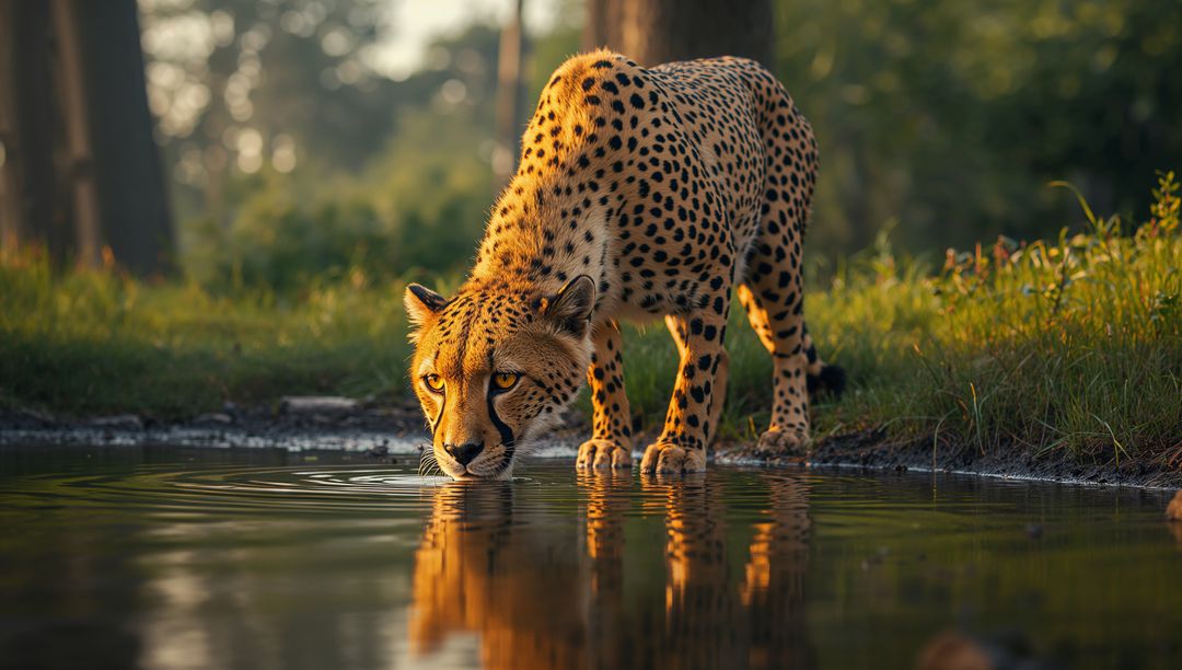Majestic Cheetah Drinking at Sunset in Tranquil Forest Clearing