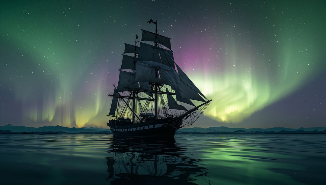 Sailing Ship under Aurora Borealis on Serene Northern Sea