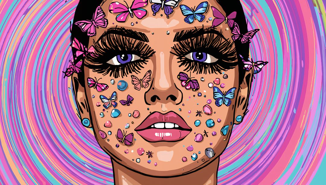 Psychedelic Pop-Art Portrait Featuring Butterfly Embellishments and Rhinestone Makeup