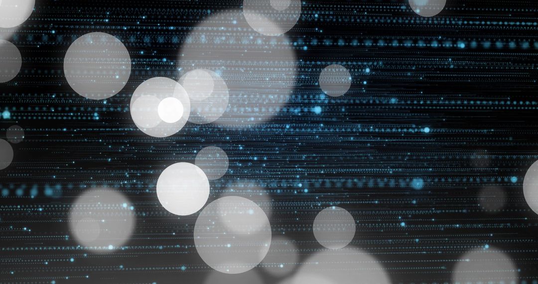 Glowing bokeh drifting over digital datastream with luminescent particles and matrix lines