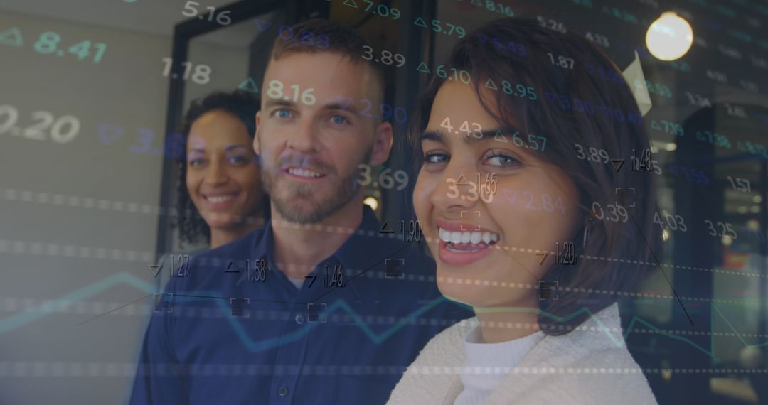 Diverse Team in Office with Stock Market Data Overlay