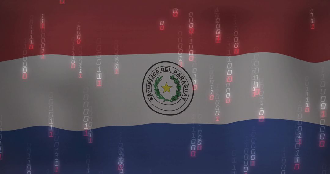 Binary Code Overlay on Paraguayan Flag Representing Digital Innovation