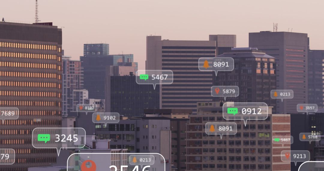 Digital Engagement in Urban Cityscape with Social Media Icons Overlay