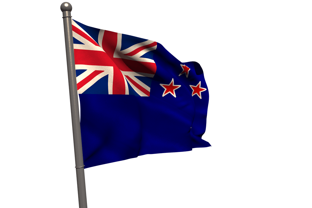 Transparent New Zealand Flag Waving on Flagpole, Isolated Background