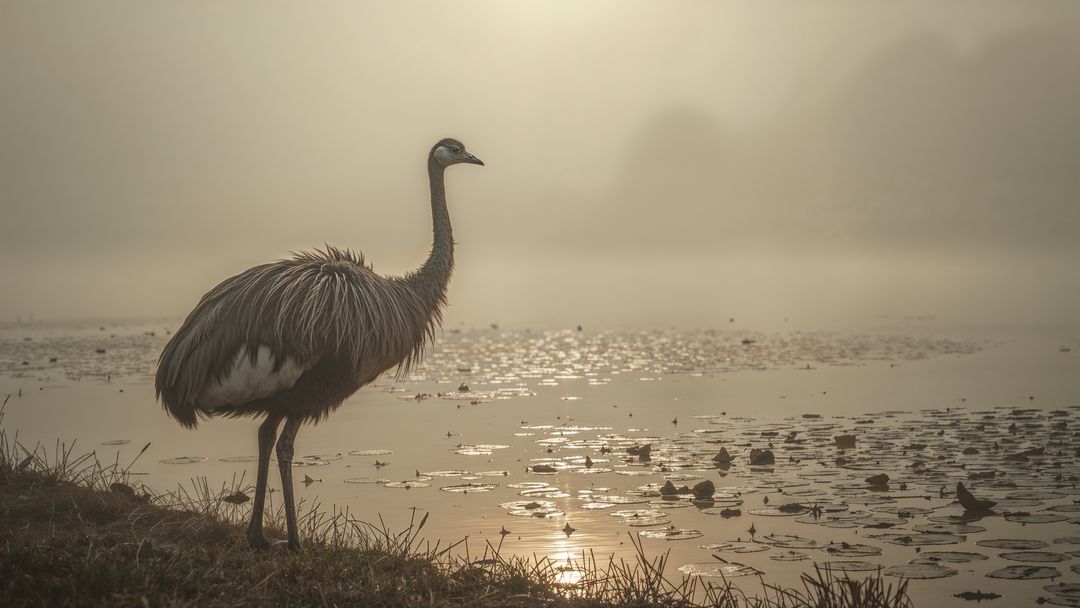 Emu on foggy wetland shore at dawn