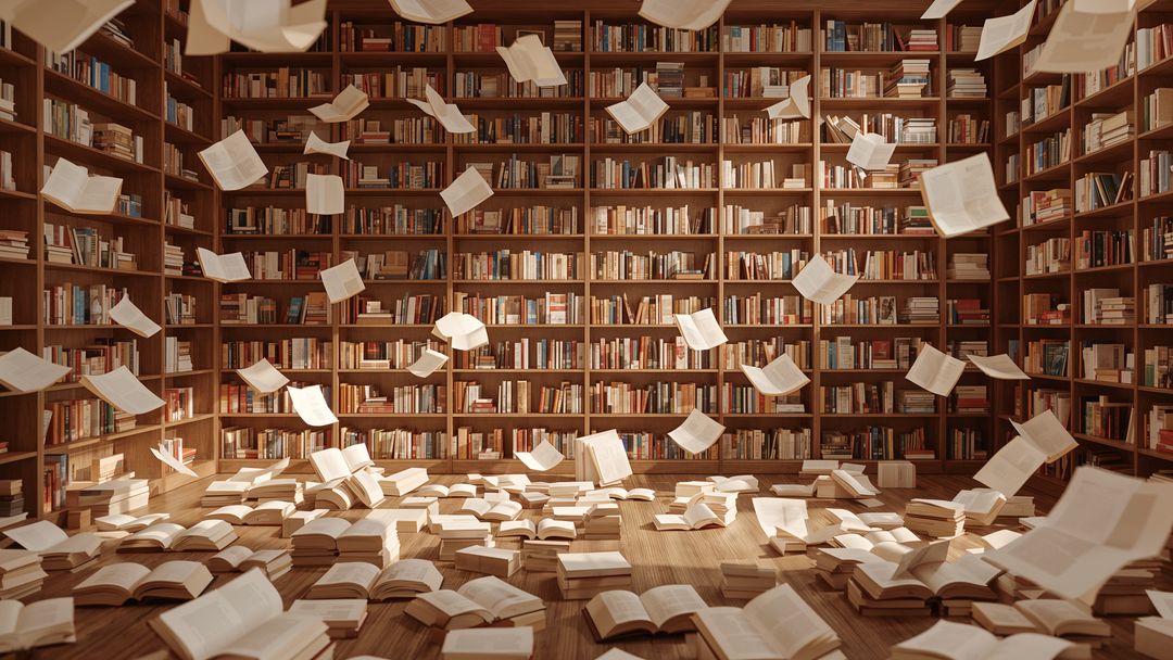 Floating Pages and Open Books Amid Shelves in Atmospheric Library