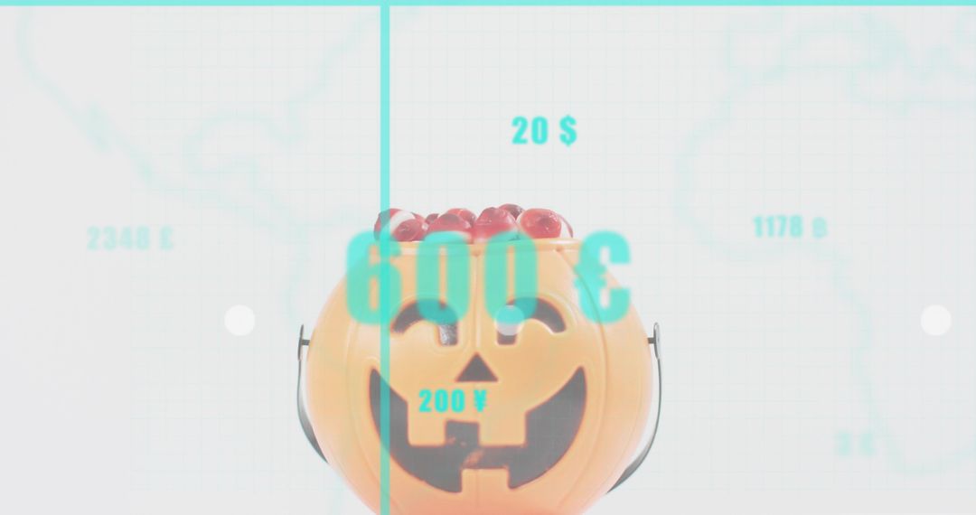 Jack-o-Lantern Candy Bucket Featuring Cyan Data Overlay, Currency Numbers and Grid