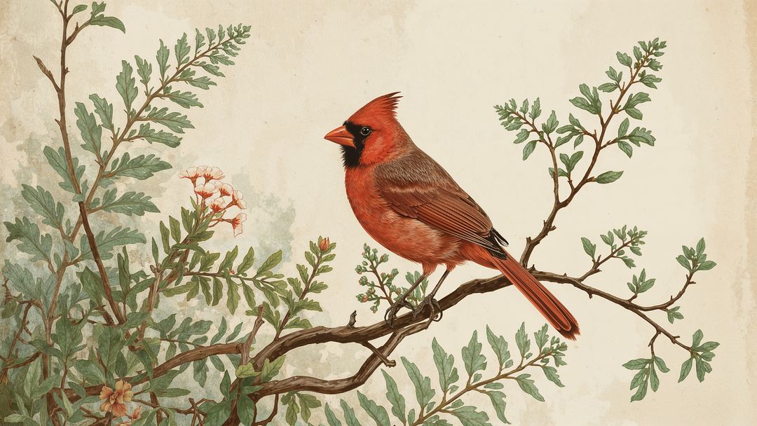 Red Cardinal Perching Among Green Foliage with Blossoms