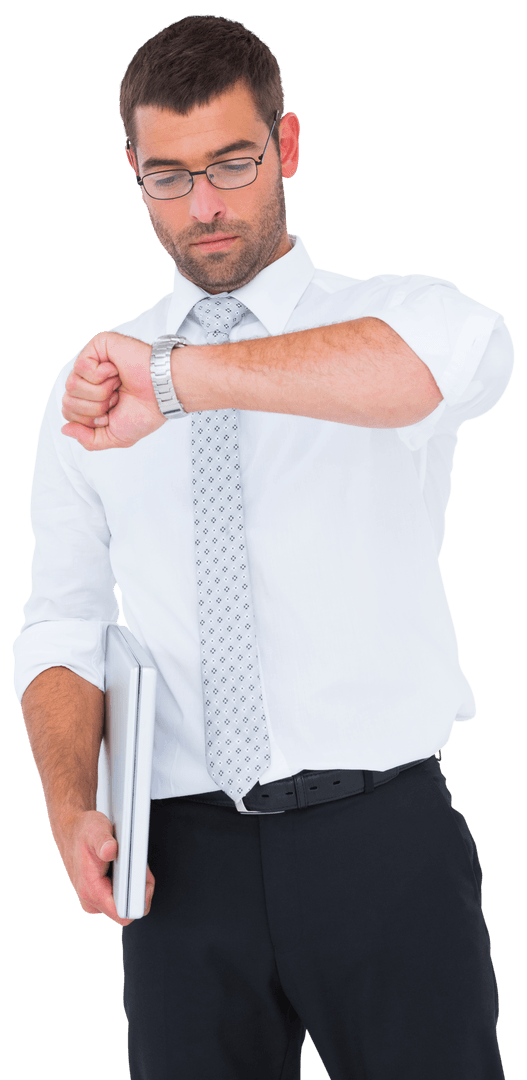 Transparent Background Businessman Checking Watch Holding Laptop