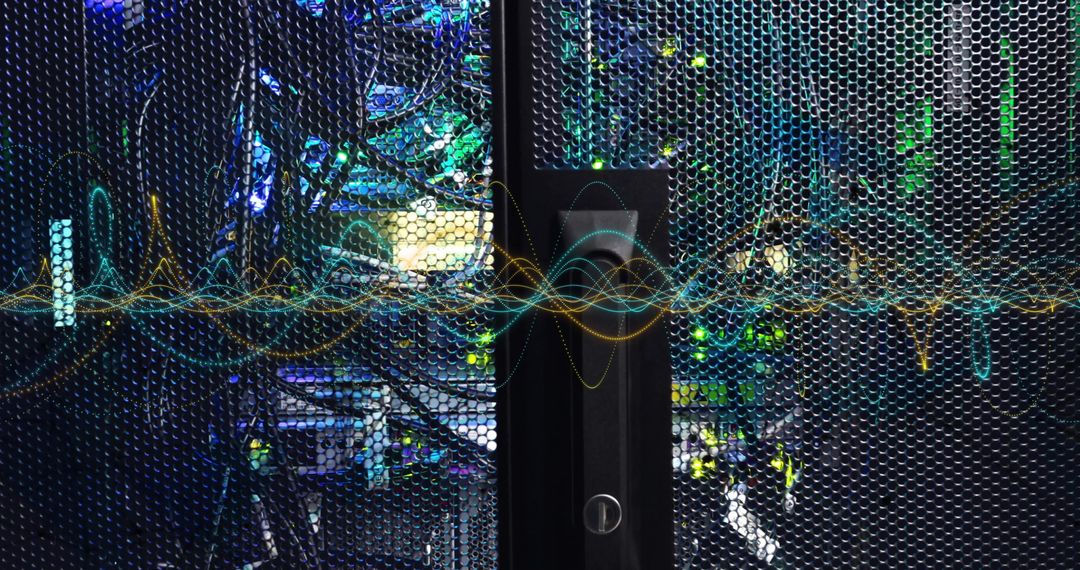 Data Flow in Modern Server Room with Digital Overlay